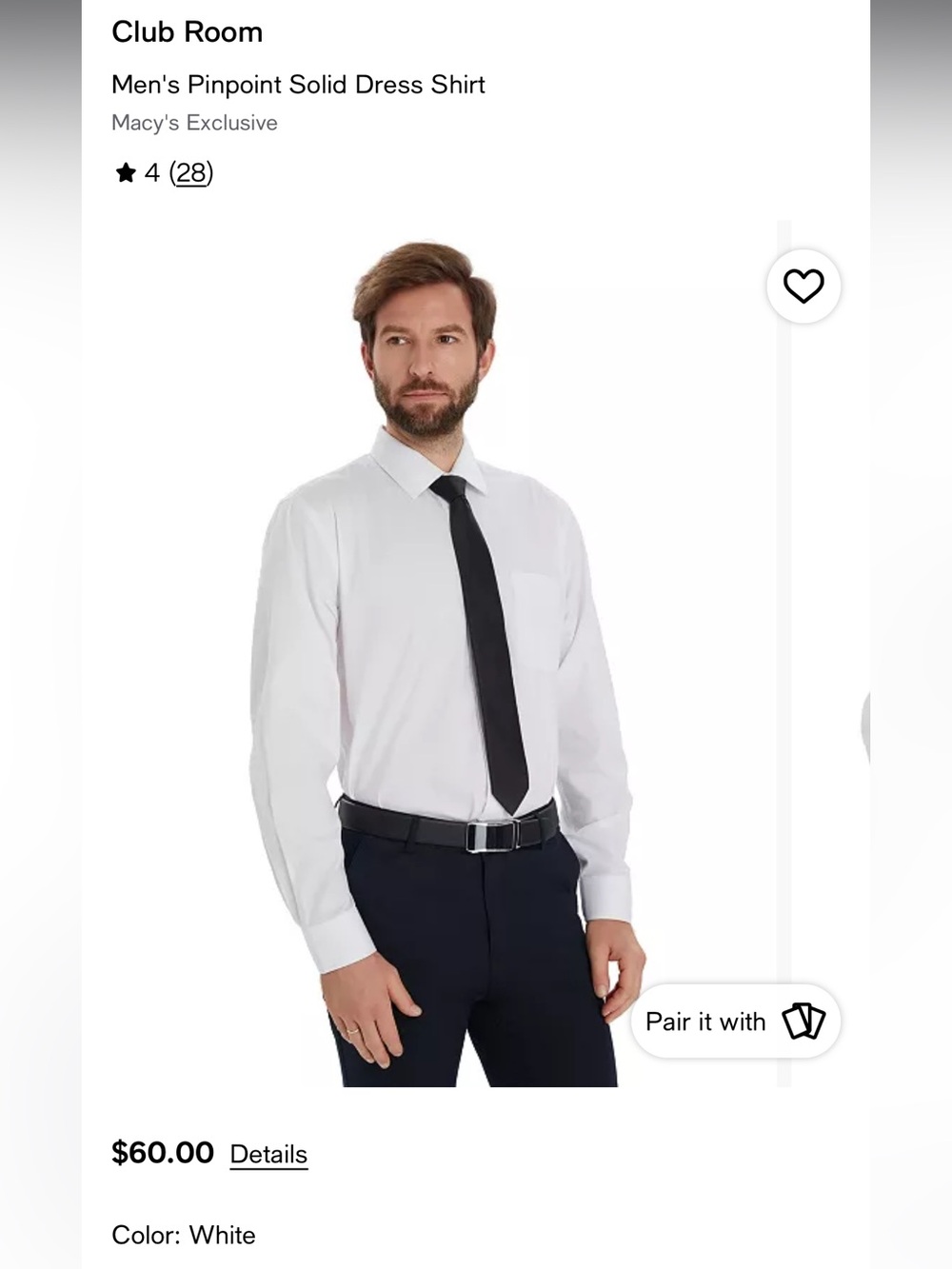 Club Room White Pinpoint Dress Shirt - Classic Men's Formal Shirt. 100% Cotton